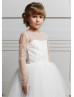 Ivory Tulle Sparkle Sequin Open V Back Flower Girl Dress Kids Wedding Tutu Dress